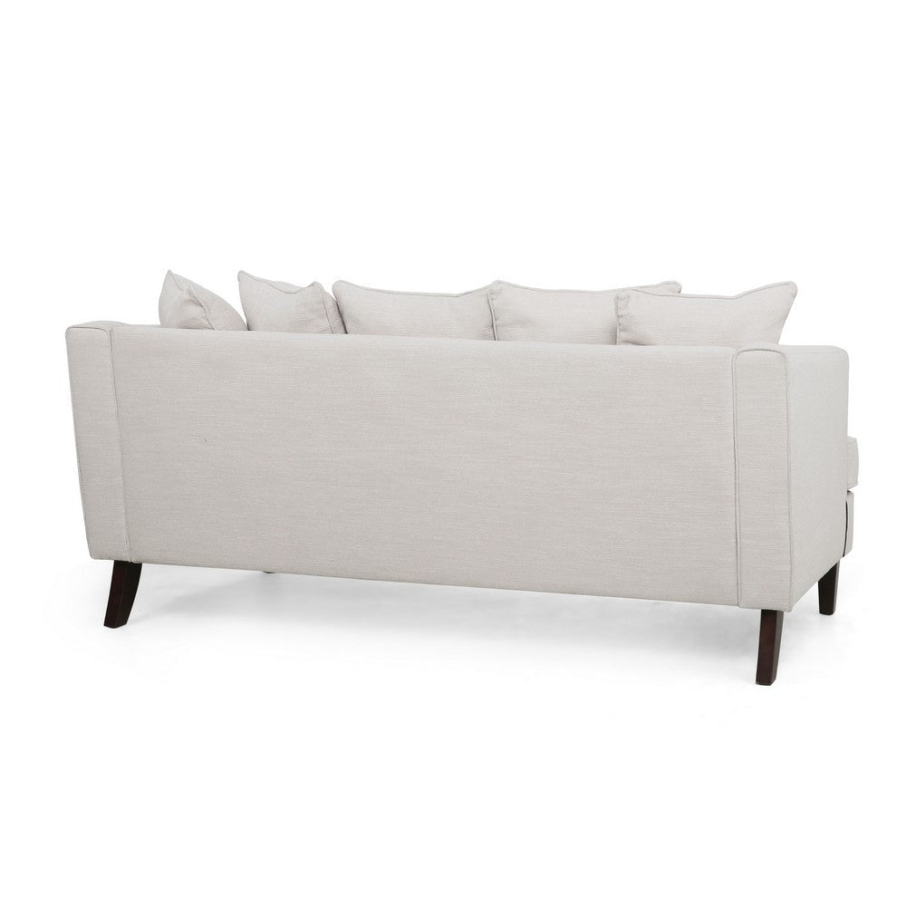 Zuko 74 Inch 3 Seater Sofa Beige Fabric 5 Accent Pillows Wood Legs By Casagear Home BM321609