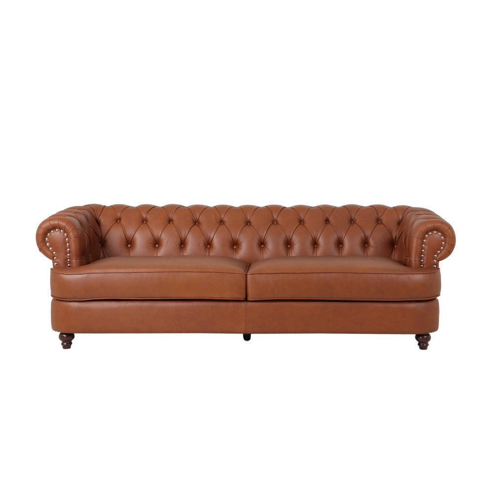 Vian 95 Inch 3 Seater Sofa Tufted Cognac Brown Faux Leather Nailhead Trim By Casagear Home BM321611