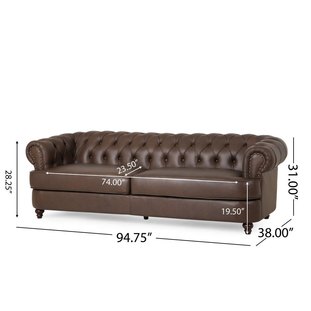 Vian 95 Inch 3 Seater Sofa Tufted Dark Brown Faux Leather Nailhead Trim By Casagear Home BM321612