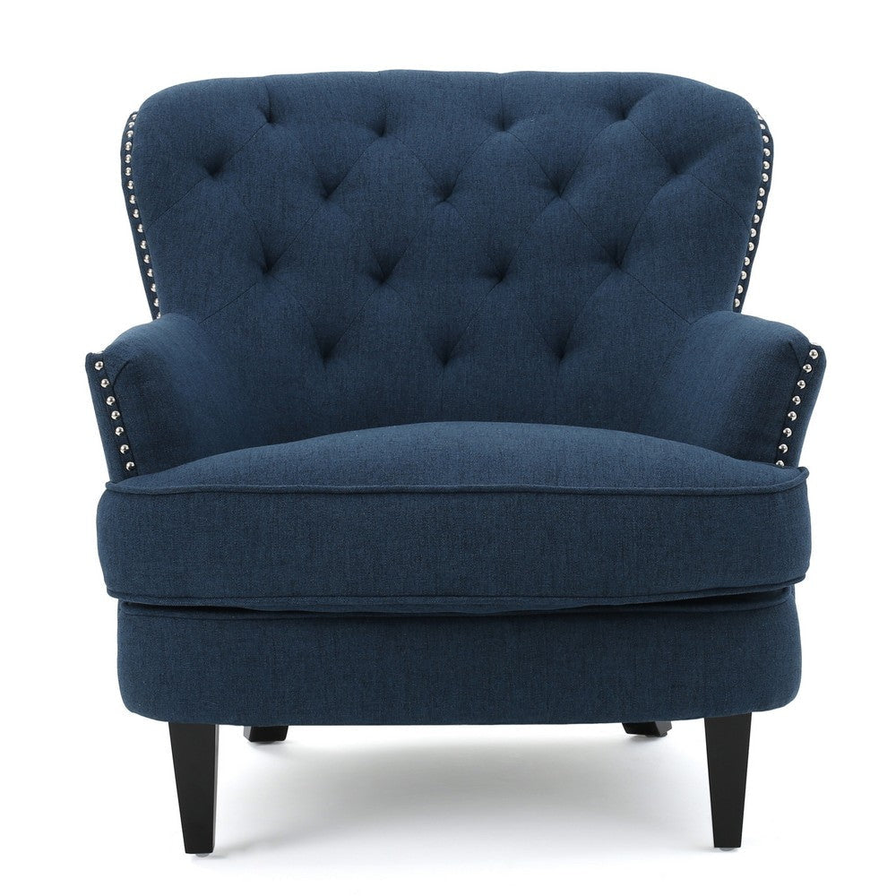 Ruma Club Accent Chair, Tufted Back Navy Blue, Nailhead Trim, Black Wood By Casagear Home