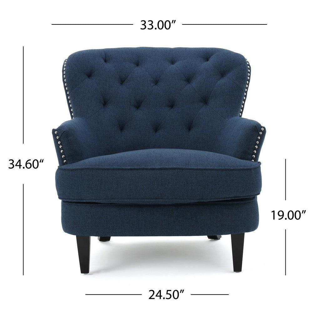 Ruma Club Accent Chair Tufted Back Navy Blue Nailhead Trim Black Wood By Casagear Home BM321613