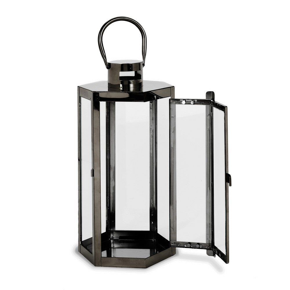 Clerk Lantern Black Stainless Steel Hexagonal Tempered Glass 16 Inch By Casagear Home BM321641