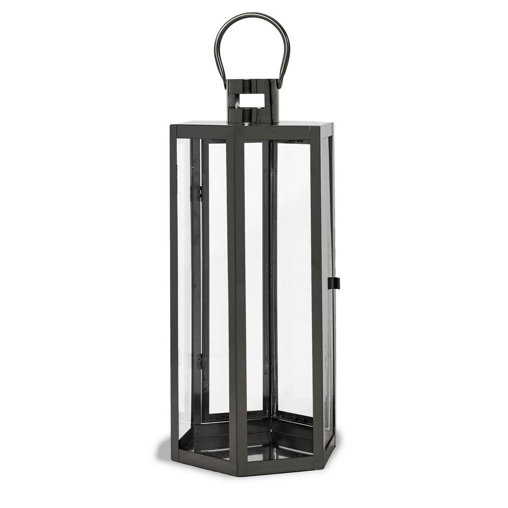 Clerk Lantern Black Stainless Steel Hexagonal Tempered Glass 23 Inch By Casagear Home BM321643