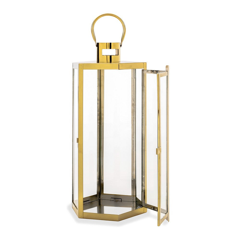 Clerk Lantern Gold Stainless Steel Hexagonal Tempered Glass 23 Inch By Casagear Home BM321644