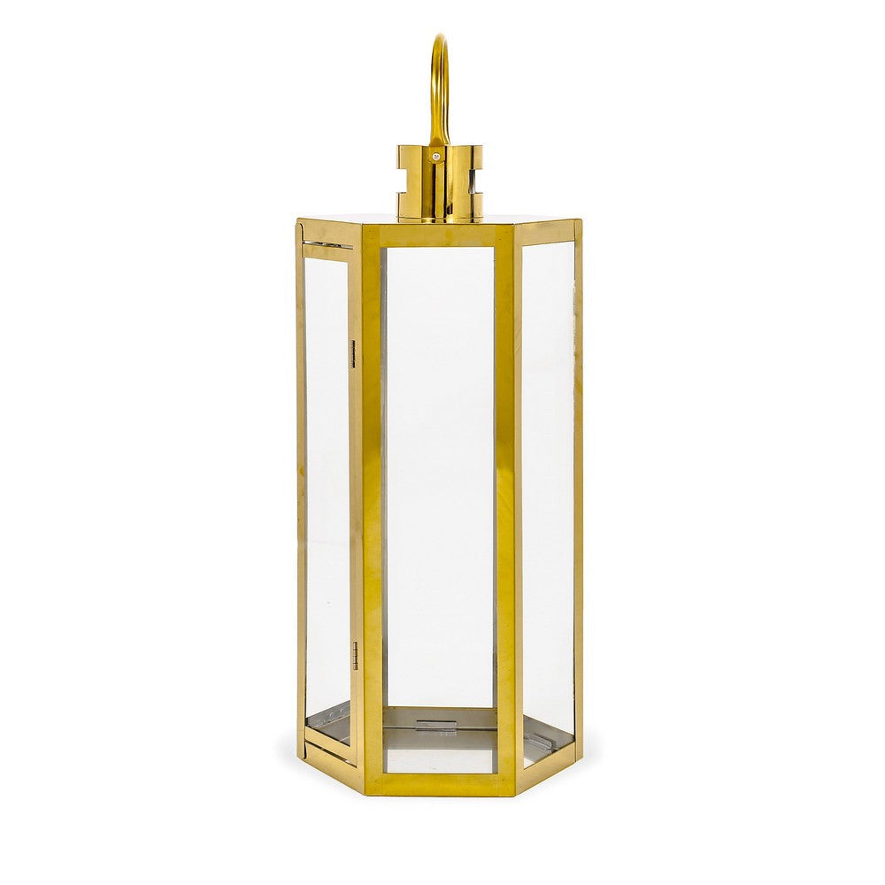 Clerk Lantern Gold Stainless Steel Hexagonal Tempered Glass 23 Inch By Casagear Home BM321644