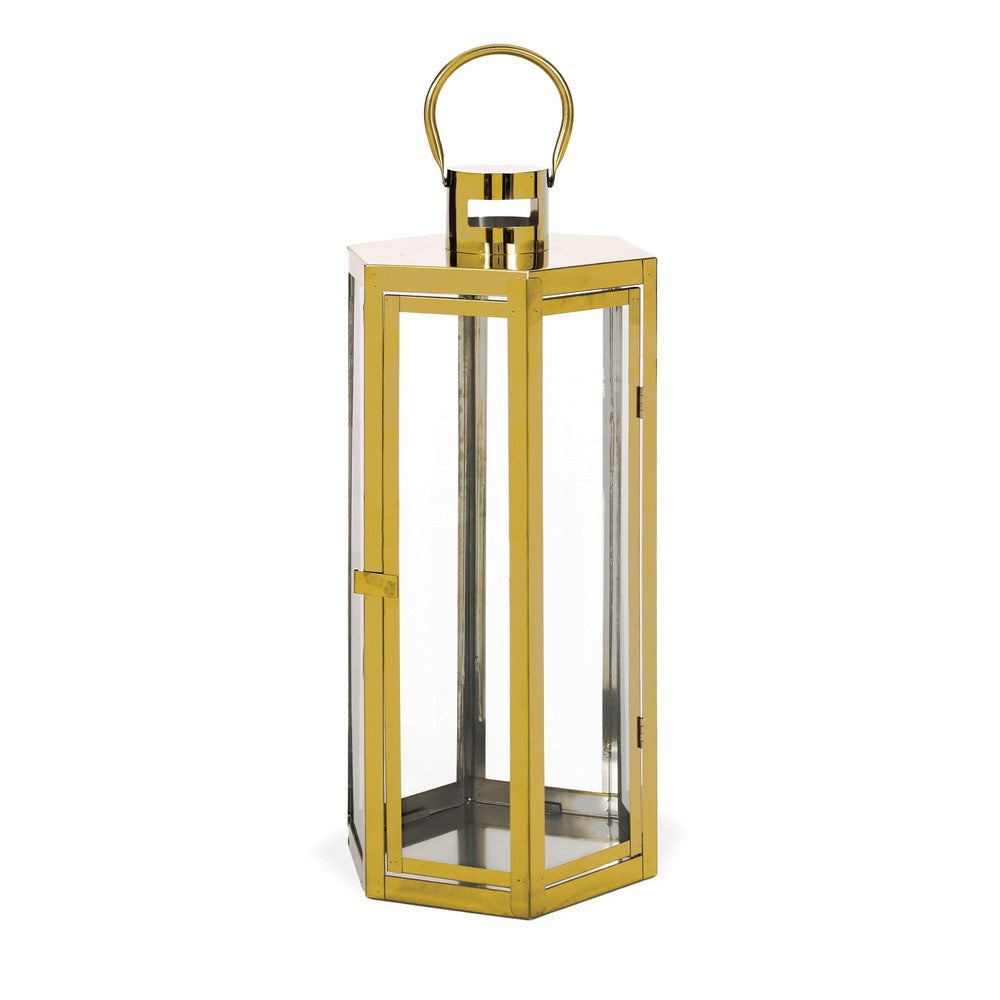 Clerk Lantern Gold Stainless Steel Hexagonal Tempered Glass 23 Inch By Casagear Home BM321644