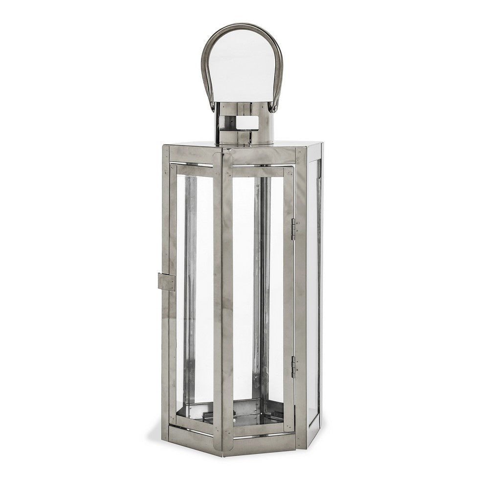 Clerk Lantern Silver Stainless Steel Hexagonal Tempered Glass 16 Inch By Casagear Home BM321645