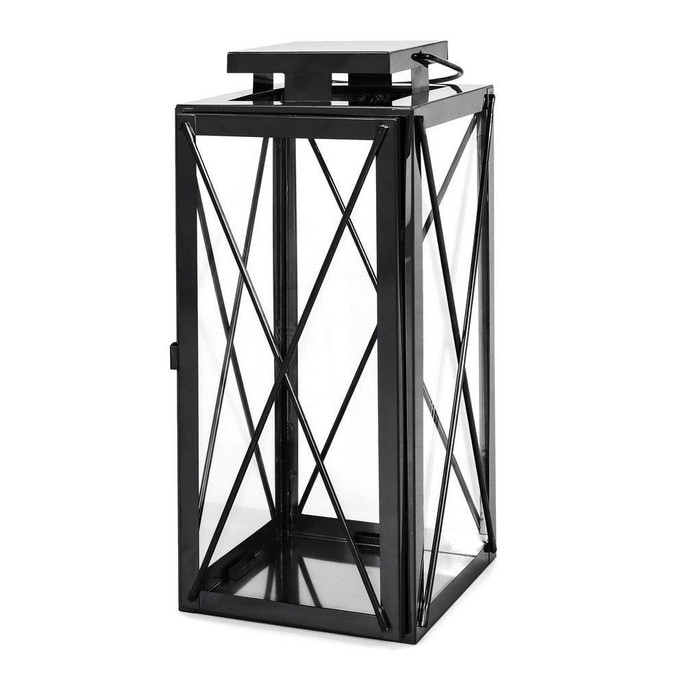 Eddie 14 Inch Lantern, Black Stainless Steel, X Frame Design, Wire Handle By Casagear Home