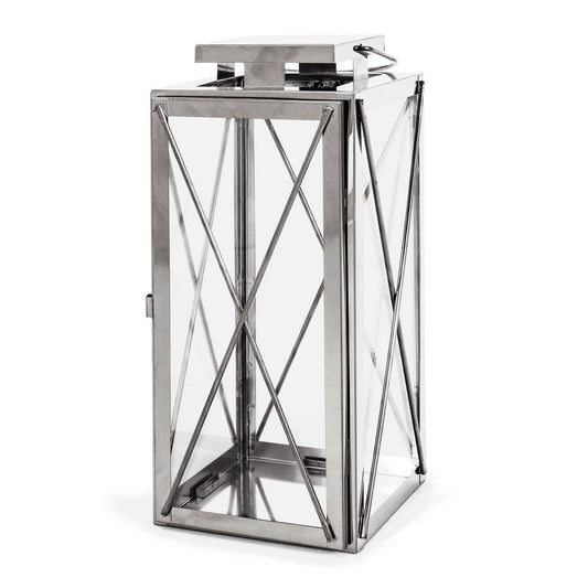 Eddie 14 Inch Lantern, Silver Stainless Steel, X Frame Design, Wire Handle By Casagear Home