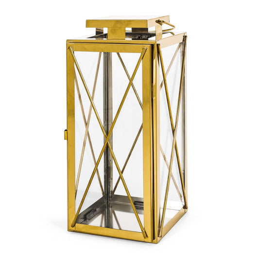 Eddie 14 Inch Lantern, Gold Stainless Steel, X Frame Design, Wire Handle By Casagear Home