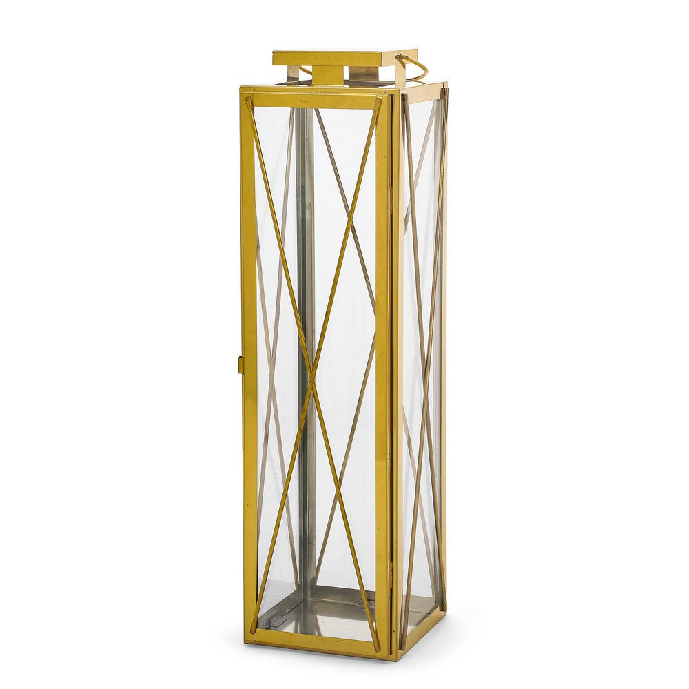 Eddie 22 Inch Lantern, Gold Stainless Steel, X Frame Design, Wire Handle By Casagear Home