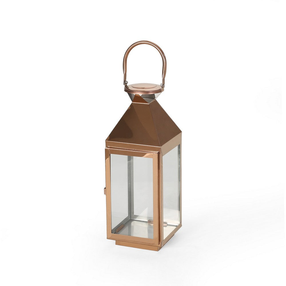 Gima 16 Inch Lantern, Rose Gold Stainless Steel, Square, Tempered Glass By Casagear Home