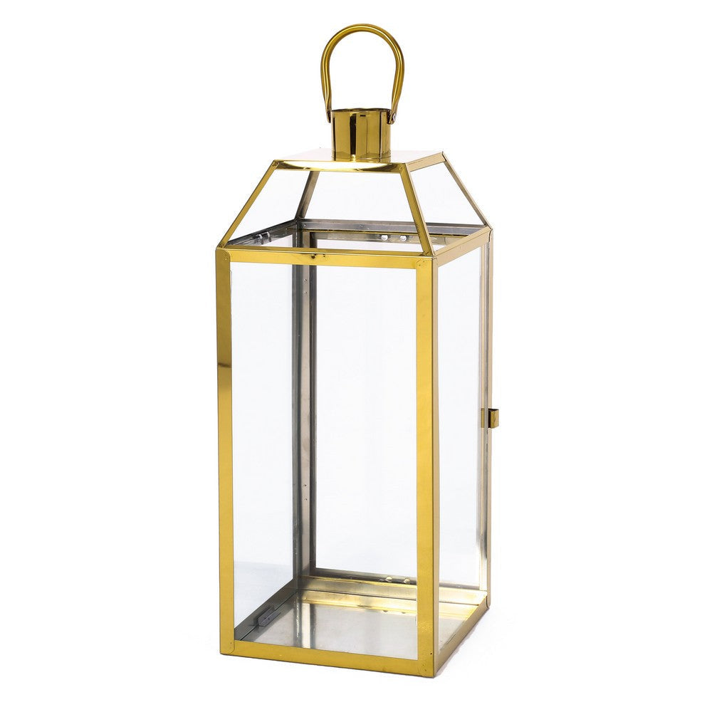 Hari 18 Inch Lantern, Gold Stainless Steel, Wire Handle, Tempered Glass By Casagear Home