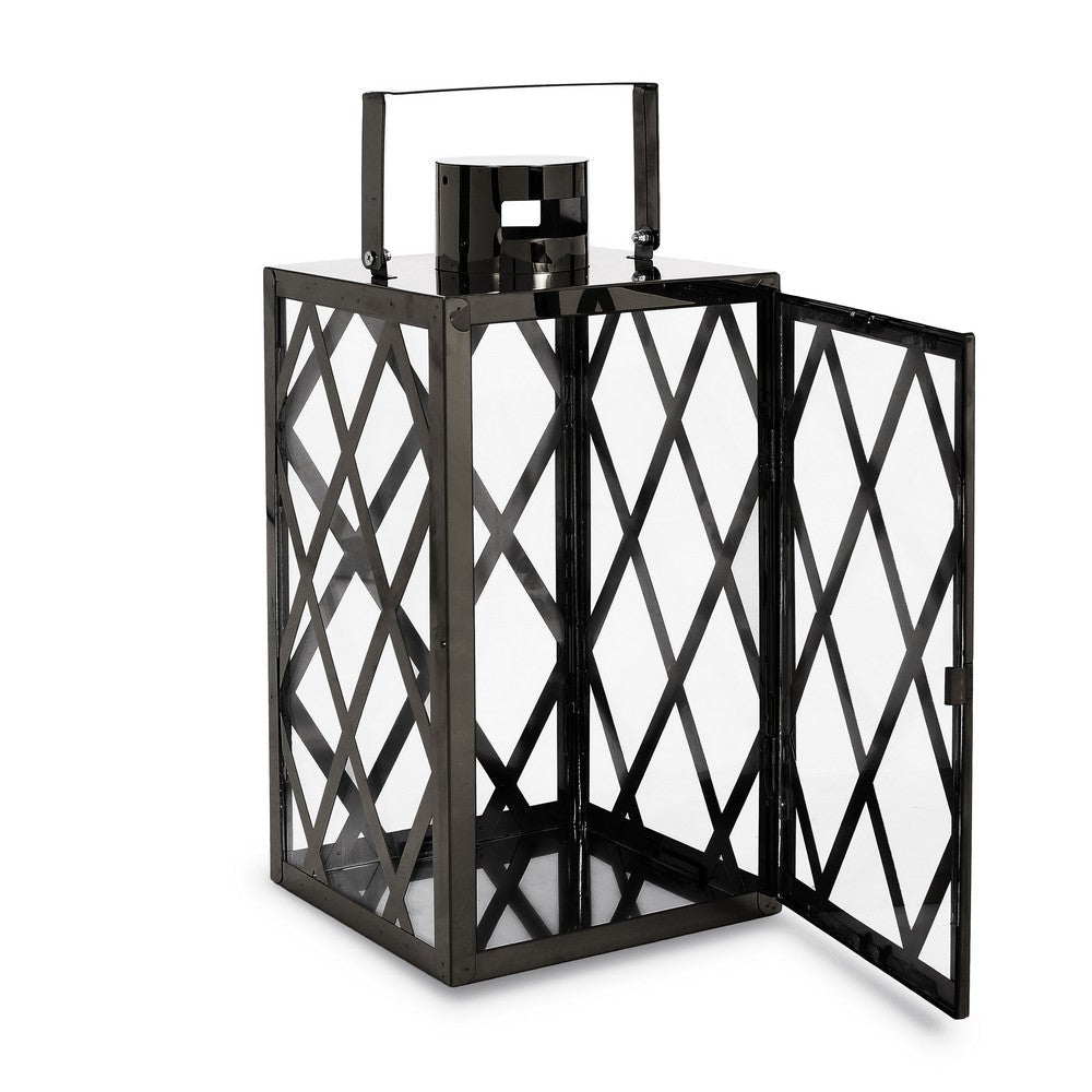 Dove 14 Inch Lantern Lattice Black Stainless Steel Tempered Glass By Casagear Home BM321670