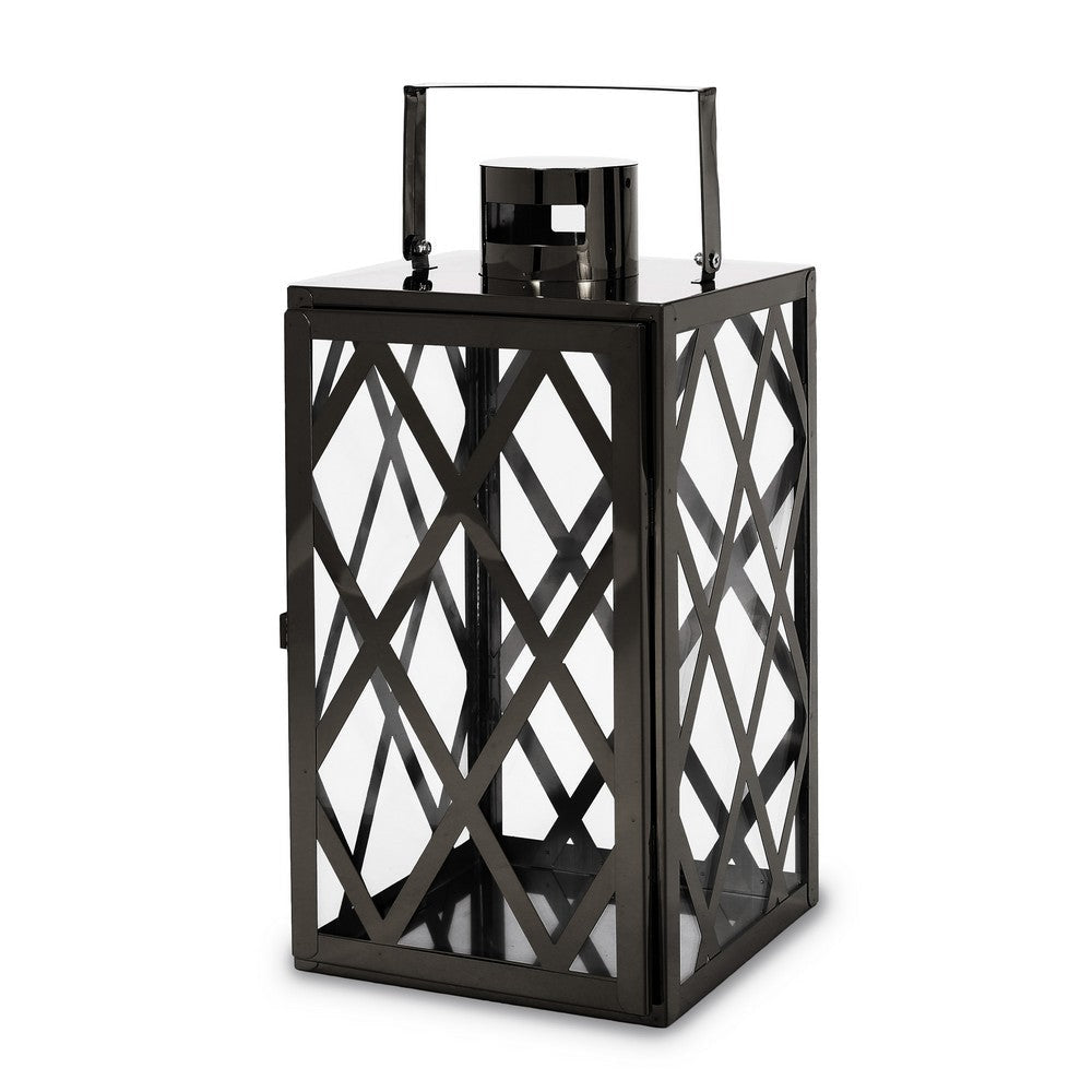 Dove 14 Inch Lantern, Lattice Black Stainless Steel, Tempered Glass By Casagear Home