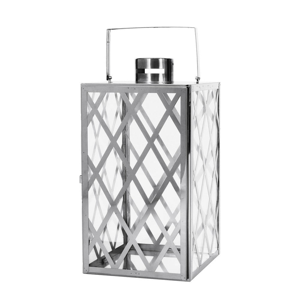 Dove 18 Inch Lantern, Lattice Silver Stainless Steel, Tempered Glass By Casagear Home