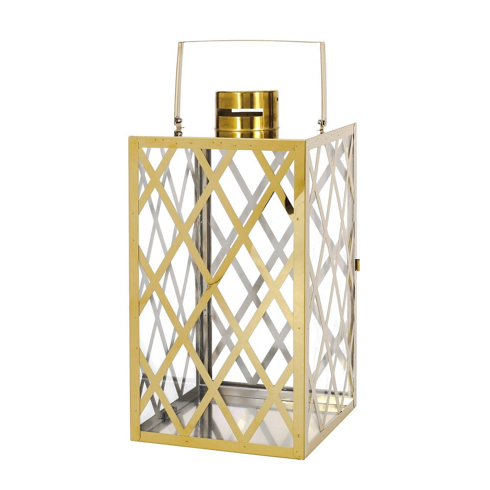 Dove 18 Inch Lantern, Lattice Gold Stainless Steel, Tempered Glass By Casagear Home