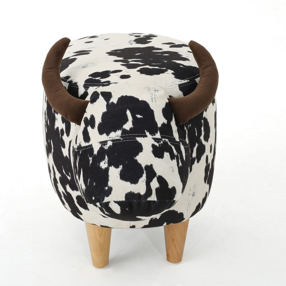 Massy Cow Kids Ottoman 25 Inches Black White Velvet Light Brown Horn By Casagear Home BM321677