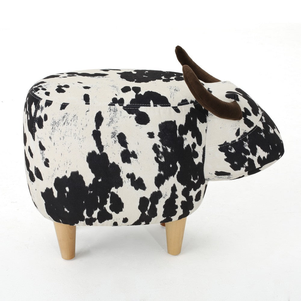 Massy Cow Kids Ottoman 25 Inches Black White Velvet Light Brown Horn By Casagear Home BM321677