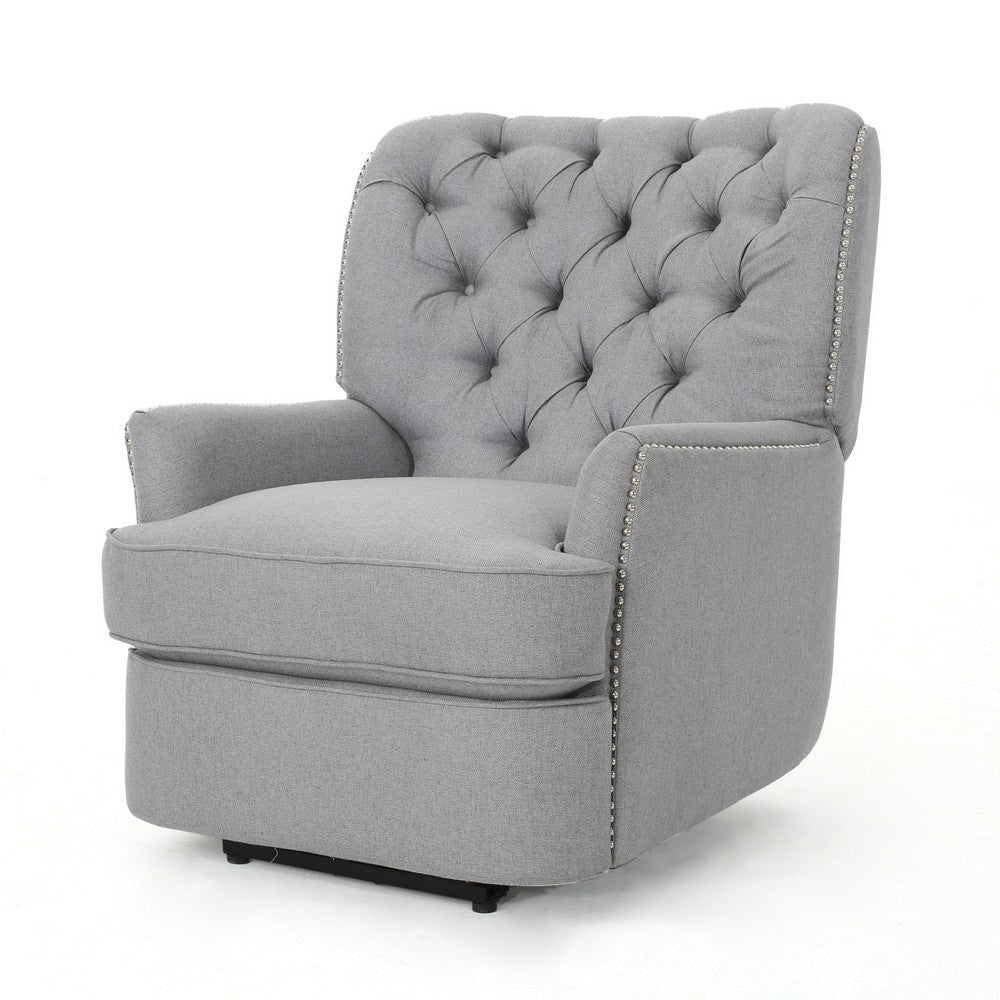 Power Recliner Lounge Chair, Button Tufted Gray Soft Fabric, Copper Accents By Casagear Home