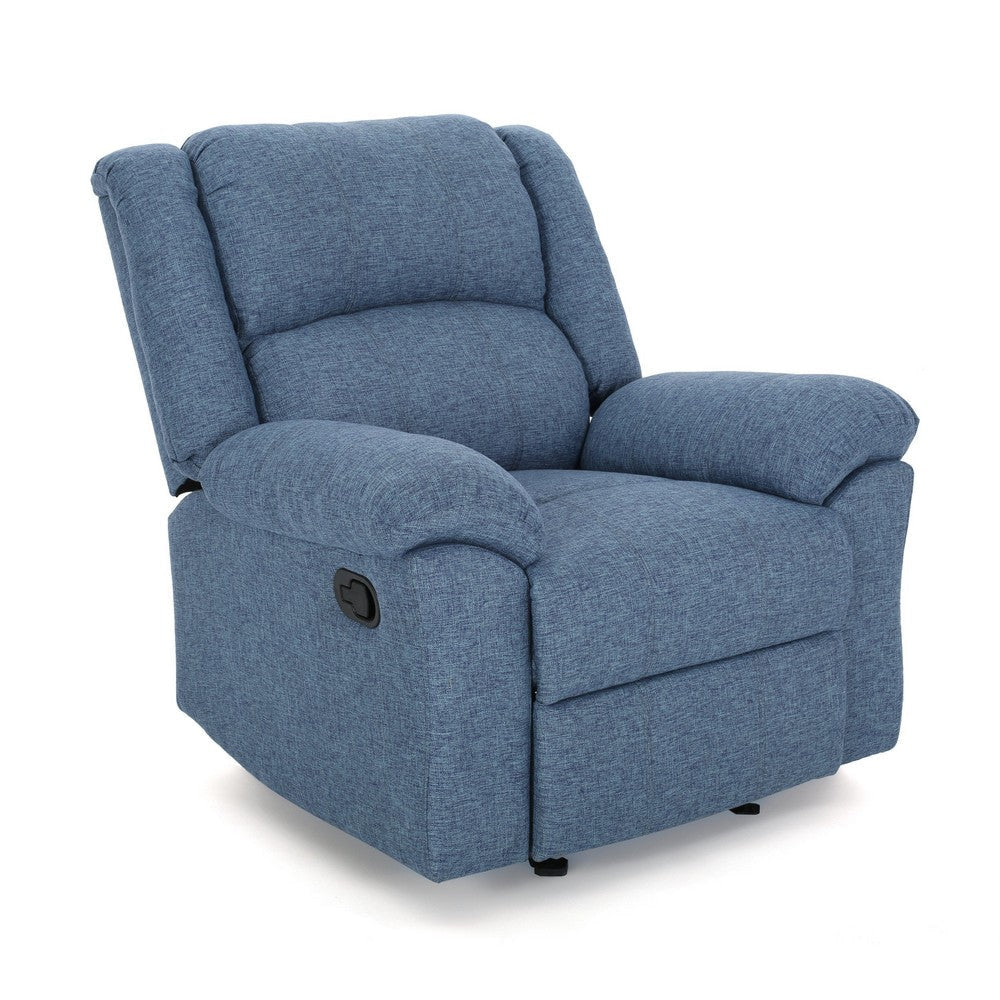 Glider Recliner Chair, Pillow Top Arms, Compact Profile, Blue Fabric By Casagear Home