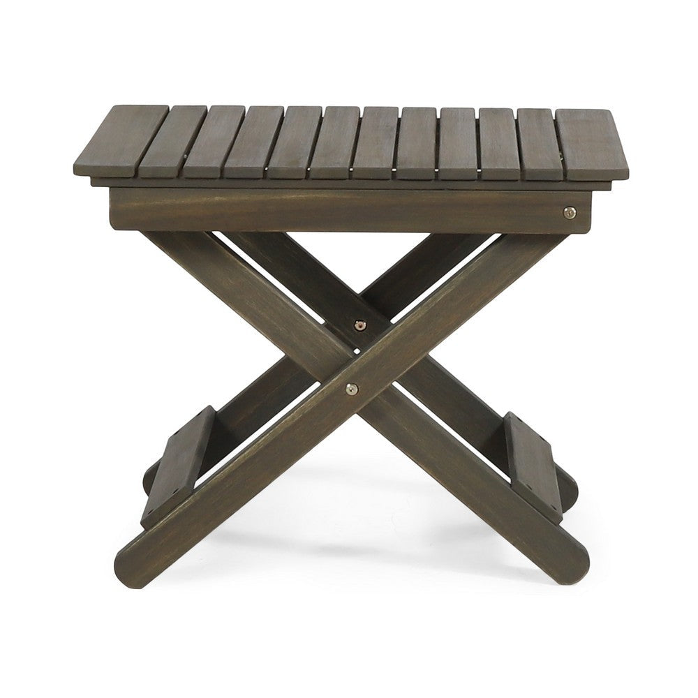 Kyre Outdoor Side Table Foldable Slatted 23 Inch Neutral Gray Acacia Wood By Casagear Home BM321696