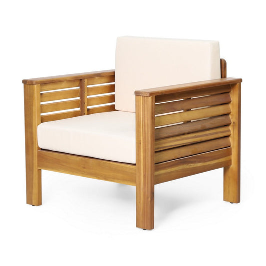 Quim Outdoor Club Chair, Shutter Slat Panel, Brown Acacia Wood, Beige By Casagear Home