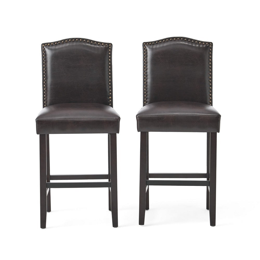 Counter Height Chair Set of 2, Nailhead Trim, Brown and Walnut Faux Leather By Casagear Home