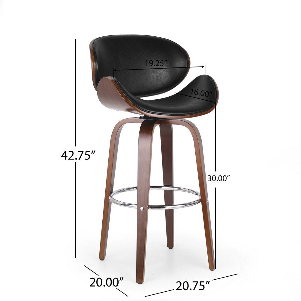 Zaine Swivel Barstool Chair Walnut Veneer Black Faux Leather By Casagear Home BM321706