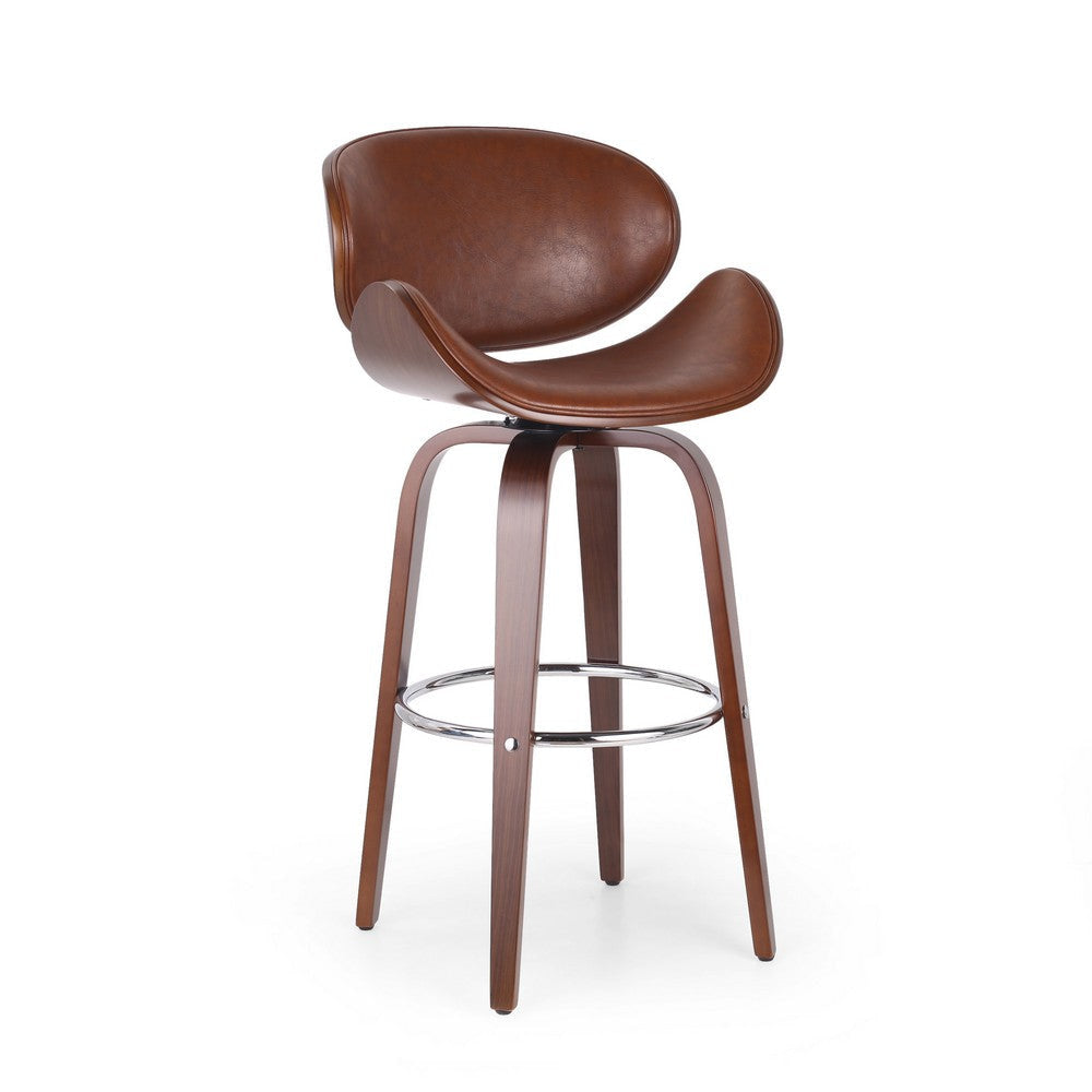 Zaine Swivel Barstool Chair, Walnut Veneer, Brown Faux Leather By Casagear Home