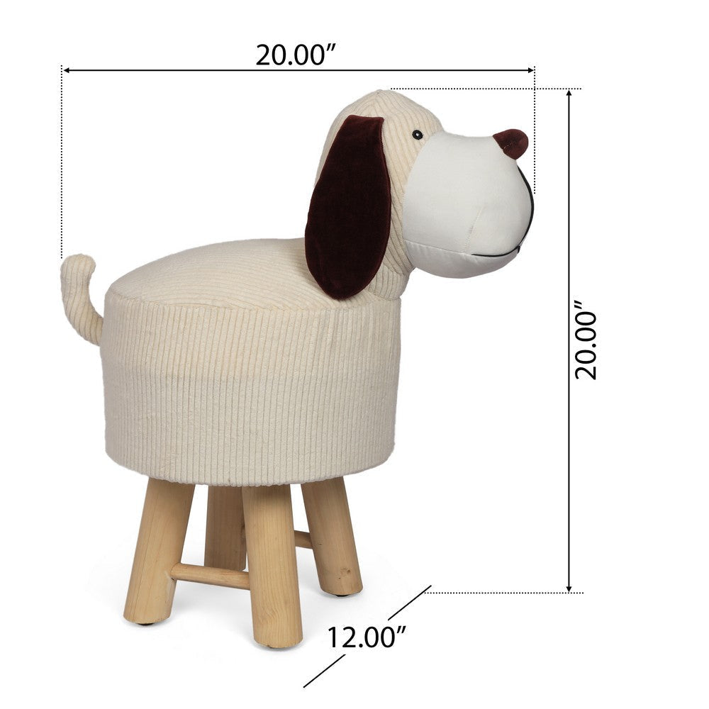 Kids Ottoman Stool Dog Theme 21 Inch Brown Wood Off-White Corduroy By Casagear Home BM321713