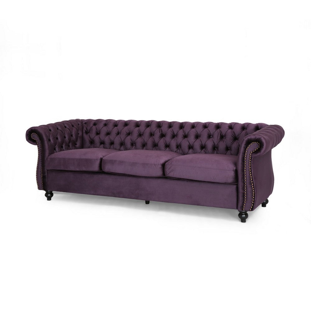 Feji Sofa, 85 Inch, Button Tufted, Nailhead Trim, Blackberry Purple Velvet By Casagear Home