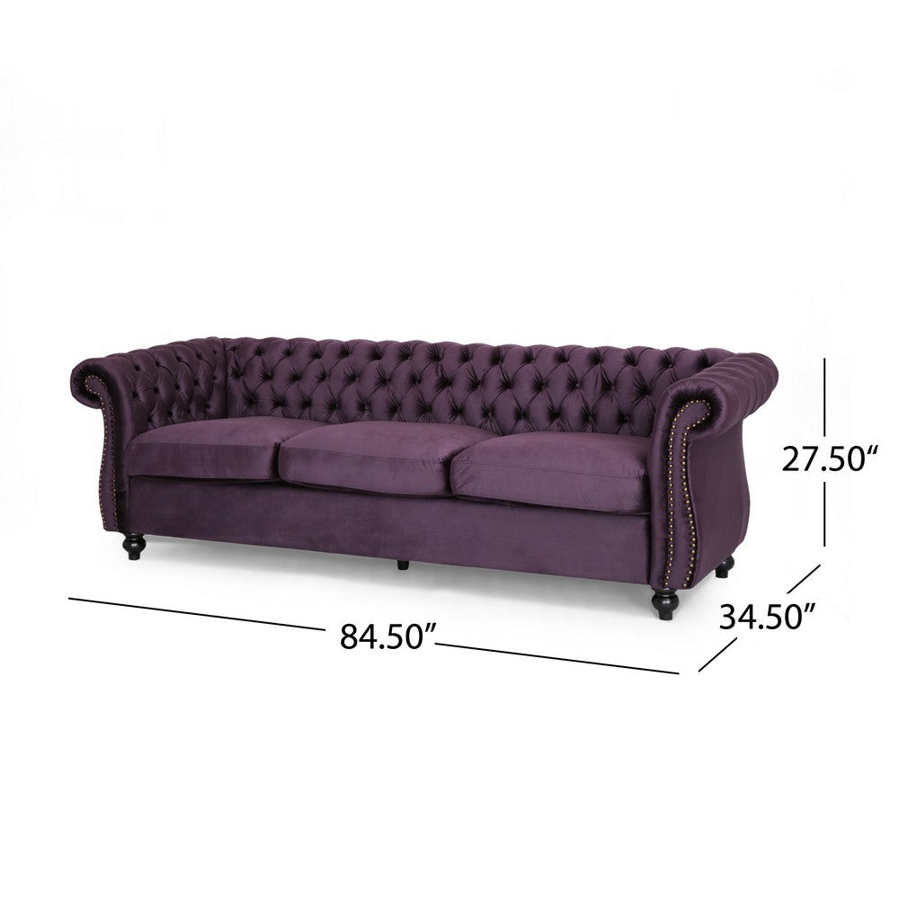 Feji Sofa 85 Inch Button Tufted Nailhead Trim Blackberry Purple Velvet By Casagear Home BM321717