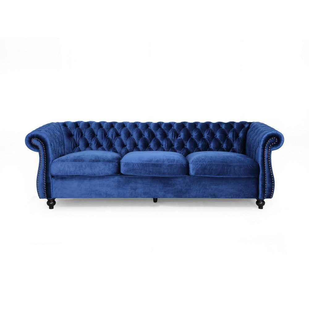 Feji Sofa 85 Inch Nailhead Trim Classic Button Tufted Navy Blue Velvet By Casagear Home BM321719