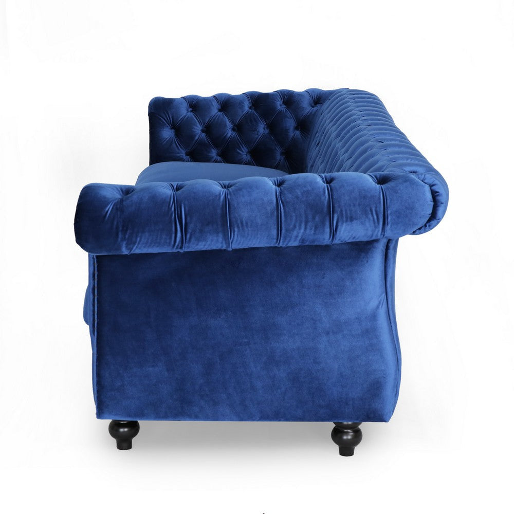 Feji Sofa 85 Inch Nailhead Trim Classic Button Tufted Navy Blue Velvet By Casagear Home BM321719