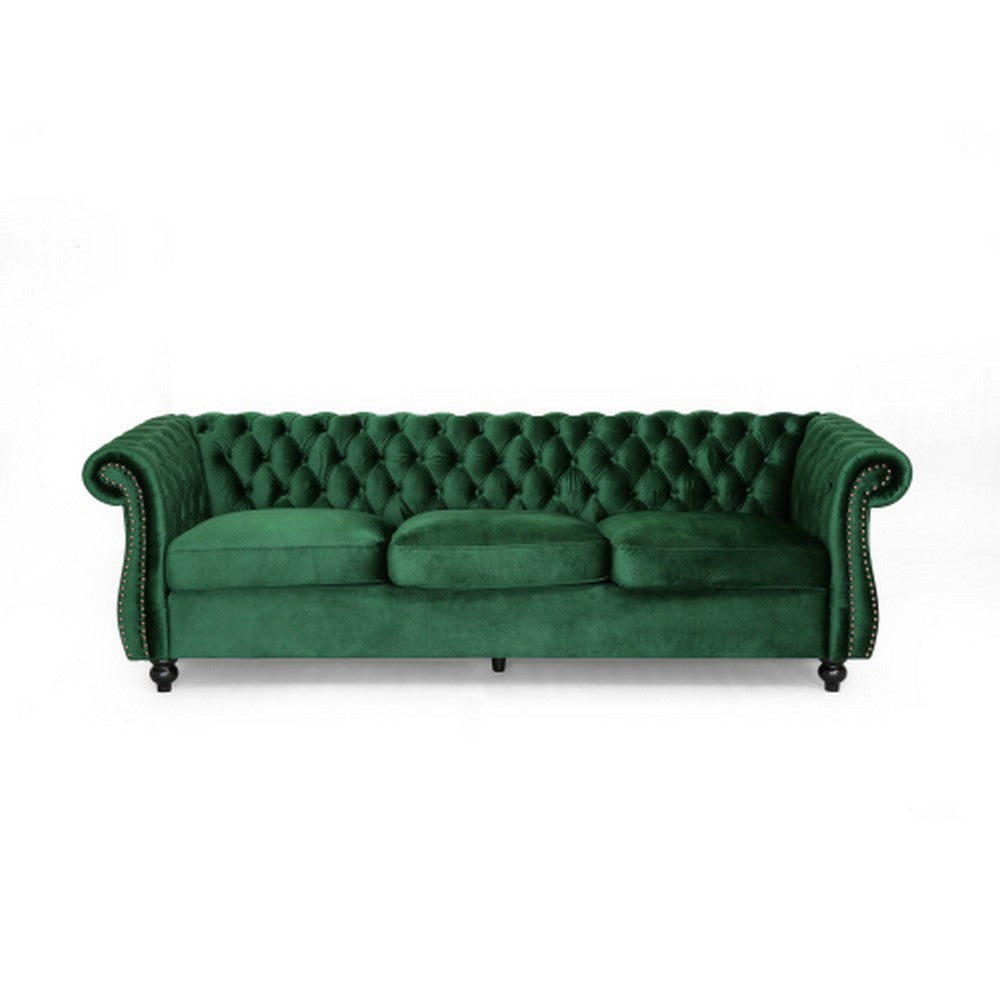 Feji Sofa 85 Inch Nailhead Trim Button Tufted Emerald Green Velvet By Casagear Home BM321720