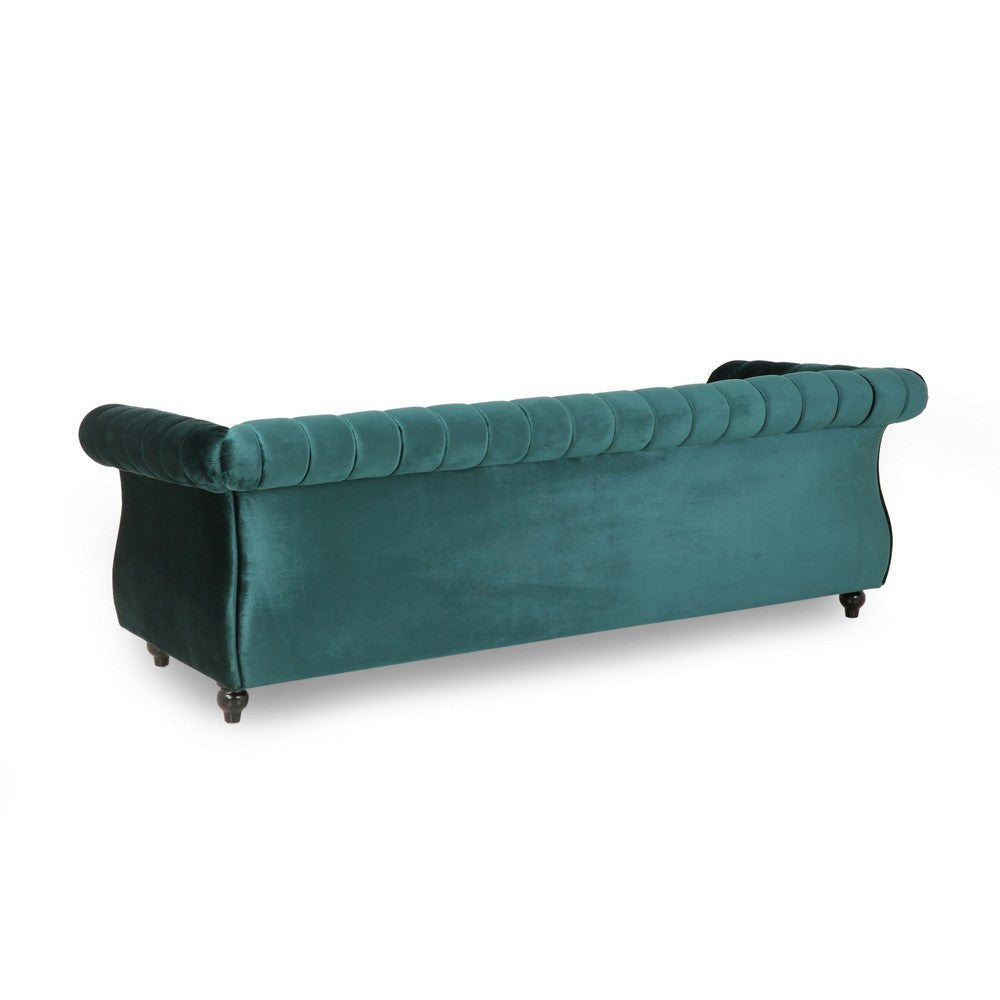 Omny Sofa 84 Inch Nailhead Trim Scroll Arms Channel Tufted Teal Velvet By Casagear Home BM321723