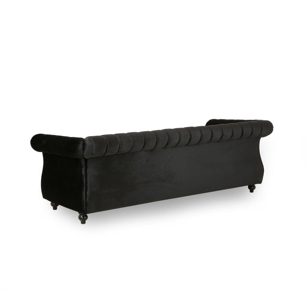 Omny Sofa 84 Inch Nailhead Trim Scroll Arms Channel Tufted Black Velvet By Casagear Home BM321724