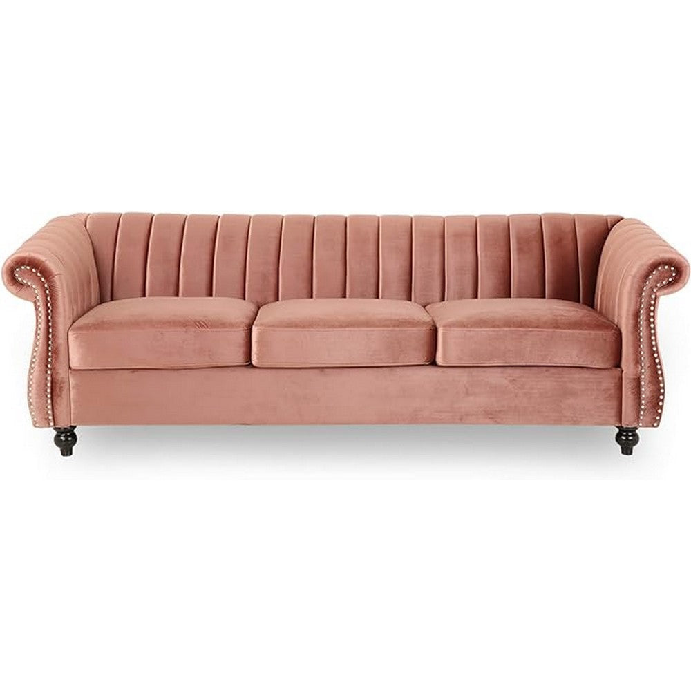 Omny Sofa 84 Inch Nailhead Trim Scroll Arms Channel Tufted Pink Velvet By Casagear Home BM321725