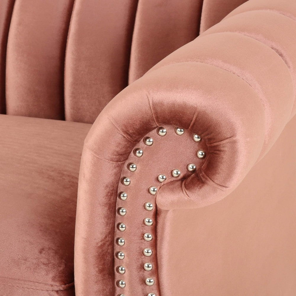 Omny Sofa 84 Inch Nailhead Trim Scroll Arms Channel Tufted Pink Velvet By Casagear Home BM321725