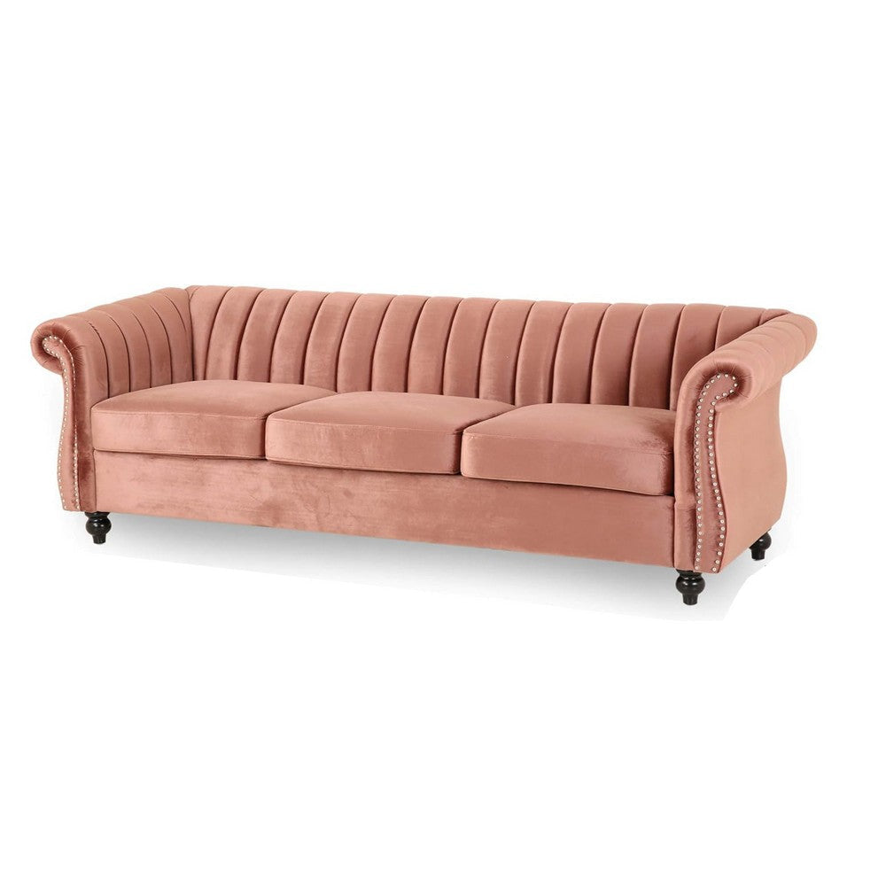 Omny Sofa, 84 Inch, Nailhead Trim, Scroll Arms, Channel Tufted Pink Velvet By Casagear Home