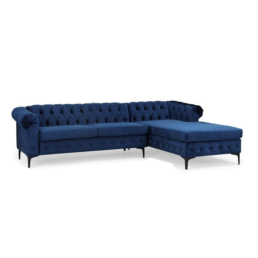 Sectional Chaise Sofa, 103 Inch, Black Iron, Button Tufted Blue Velvet By Casagear Home