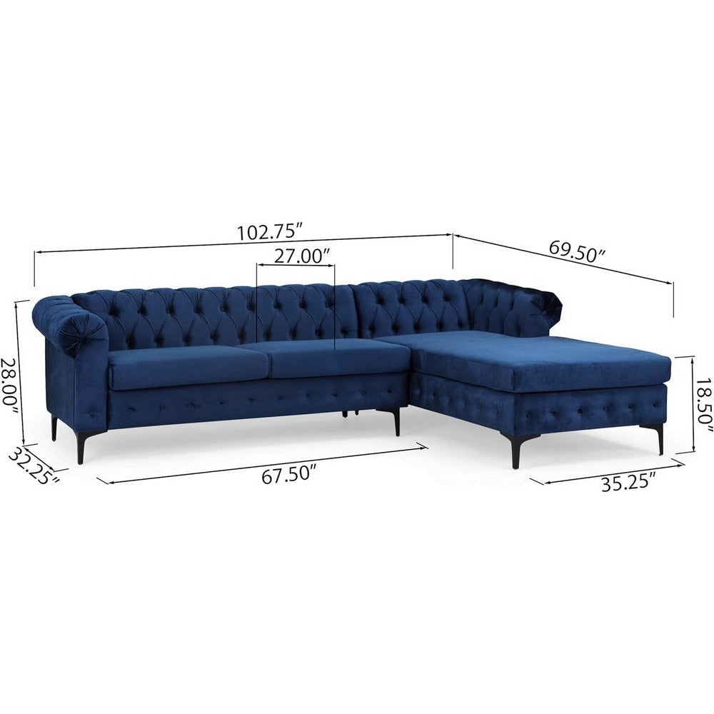 Sectional Chaise Sofa 103 Inch Black Iron Button Tufted Blue Velvet By Casagear Home BM321727