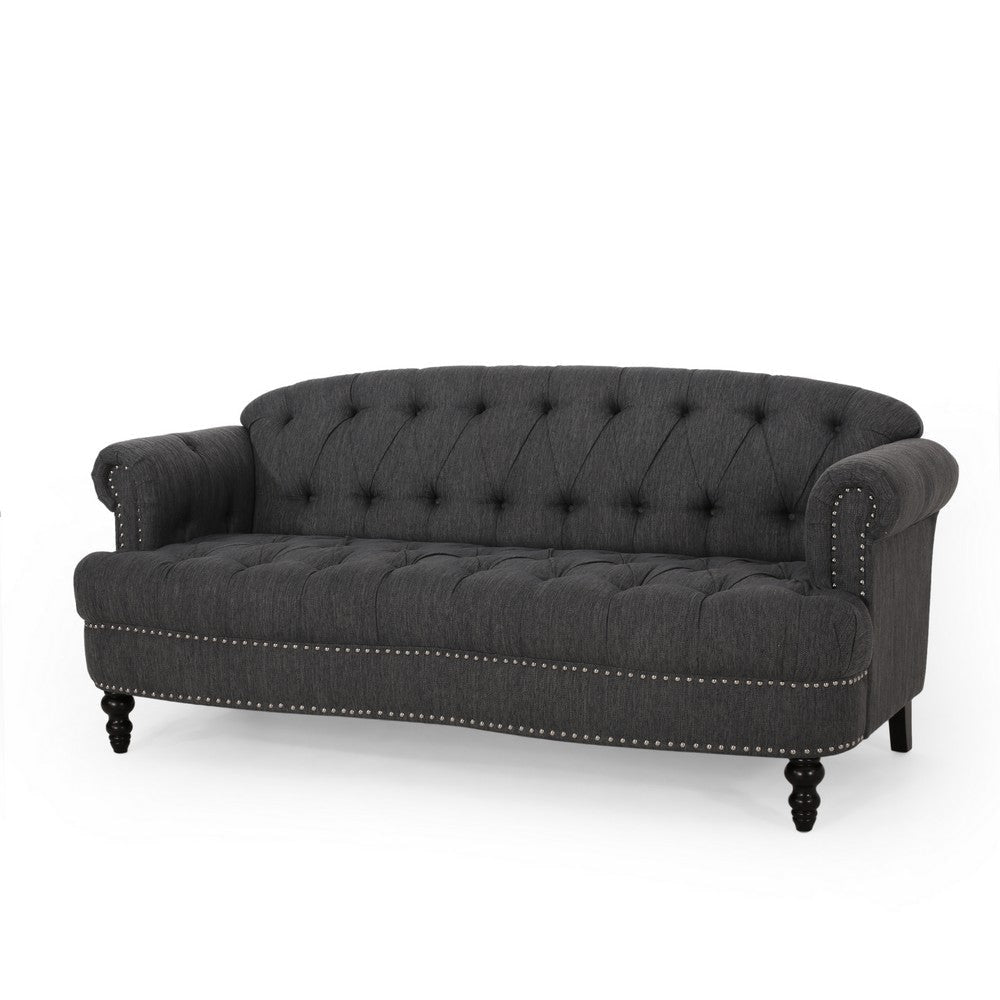 Sofa, 74 Inch 3 Seater, Rivet Accents, Button Tufted Charcoal Gray Fabric By Casagear Home