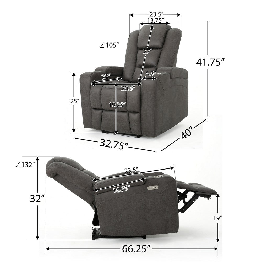 Yoma Power Recliner Chair with Storage 2 Cupholders USB Gray Microfiber By Casagear Home BM321731