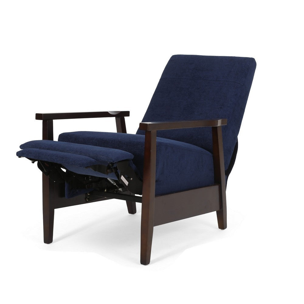 Yahya Manual Recliner Chair Ergonomic Brown Rubberwood Navy Blue Fabric By Casagear Home BM321746