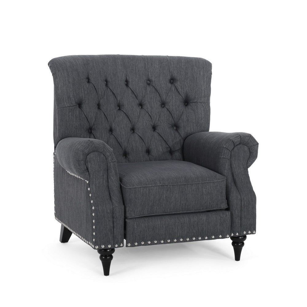 Pushback Recliner Chair, Rivet Accents, Classic Charcoal Gray Tufted Fabric By Casagear Home