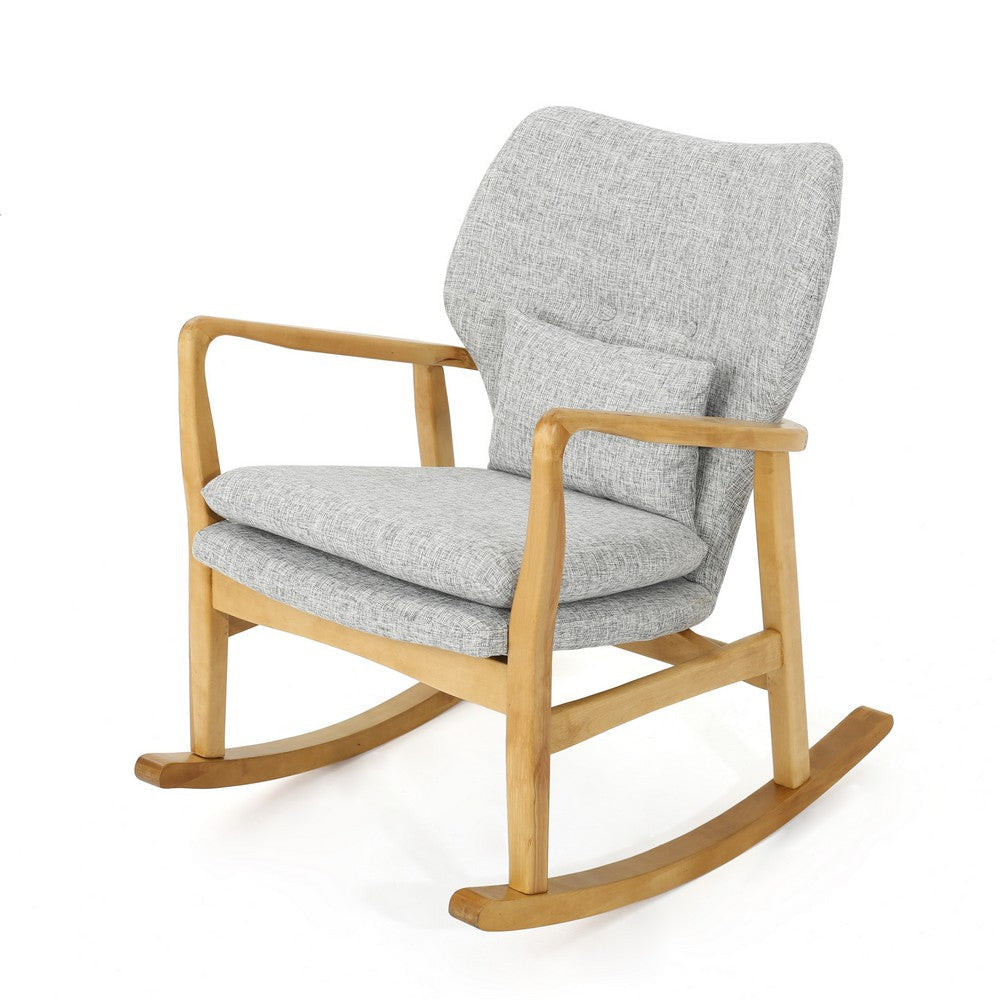 Quang Rocking Chair, Natural Brown Solid Wood, Button Tufted Gray Linen By Casagear Home