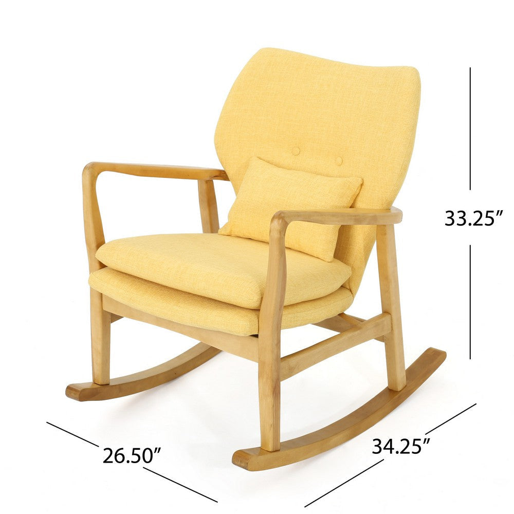 Quang Rocking Chair Button-Tufted Natural Brown Solid Wood Yellow Linen By Casagear Home BM321751