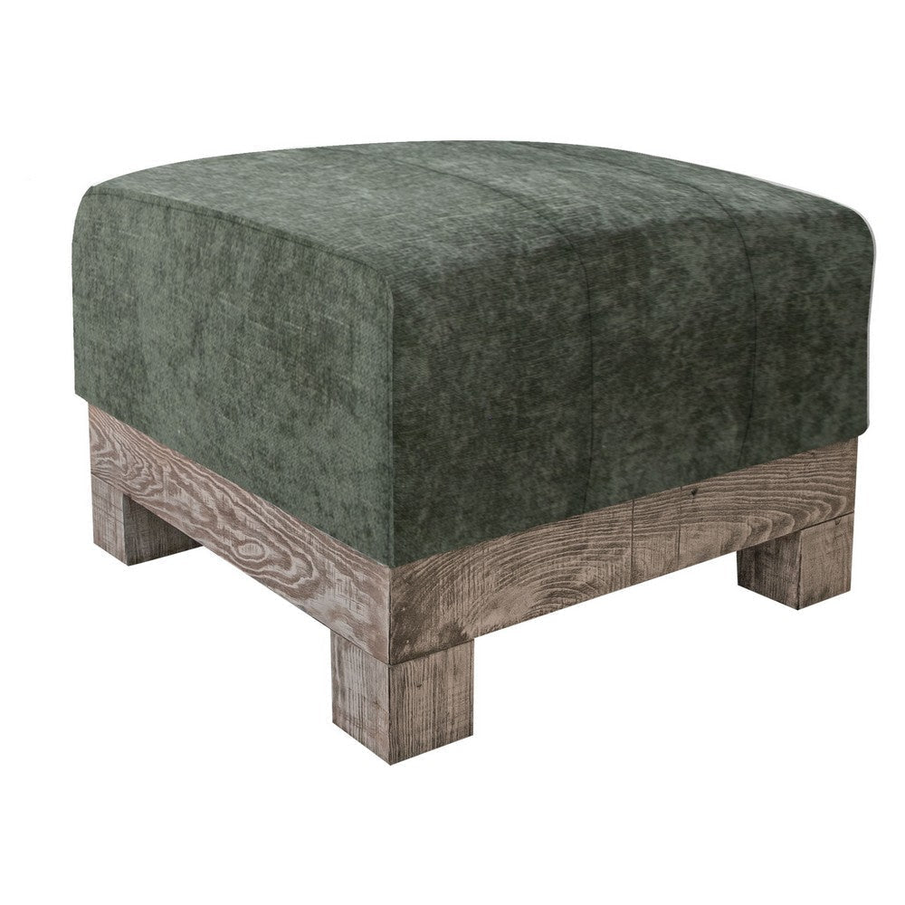 Sama Ottoman, Compact, Solid Pine Wood, 28 Inch, Olive Green Polyester By Casagear Home